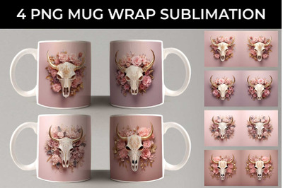 3d Gold Pink Bull Skull Mug Sublimation PNG Bundle