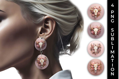 3d Gold Pink Bull Skull Earrings Sublimation PNG Bundle