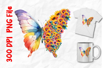 Rainbow Butterfly And Half Sunflowers