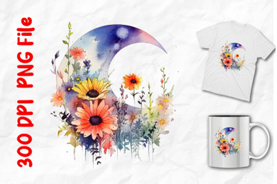 Rainbow Wild Flowers And Cresent Moon