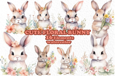 Cute Little Bunny, Bunny Clipart, FLORAL BUNNY CLIPART