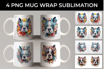 3D Floral Fantasy Boston Terrier Mug Sublimation PNG Bundle