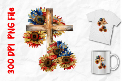 Cross And Sunflowers USA Flag