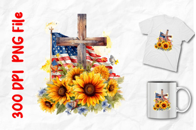 Cross And Sunflowers And USA Flag