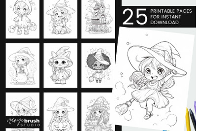 Kawaii Witch Coloring Book Halloween Coloring Page Bundle