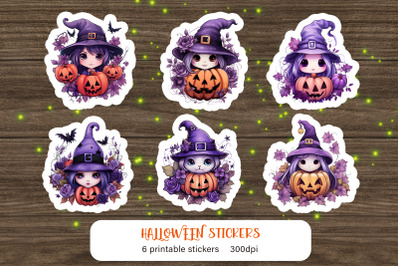 Cute cartoon witch sticker pack Halloween characters PNG