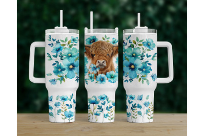 Highland Cow Png 40oz Quencher Turquoise Flowers Tumbler