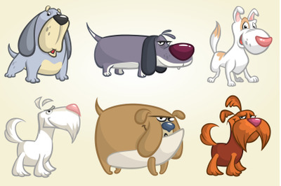 Cute cartoon funny dog breeds set. Vector set.
