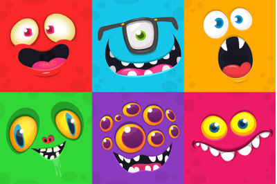 Cute Halloween cartoon monsters faces expressions. Vector set isolated