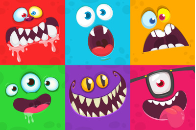 Cute Halloween cartoon monsters faces expressions. Vector set isolated