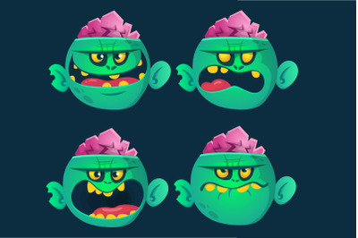 Cute Halloween cartoon zombie faces expressions. Vector set isolated