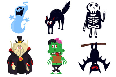 Happy Halloween monsters: ghost, reaper, zombie, vampire, bat