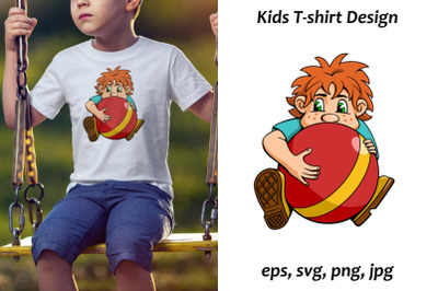 Cartoon Boy with Ball Sublimation. Kids T-Shirt Design.