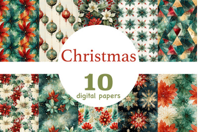 Christmas Digital Paper Set | Red Green Gold Digital Pattern