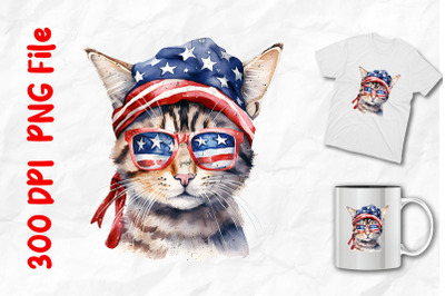 Cat Wearing American Sunglasses And Flag