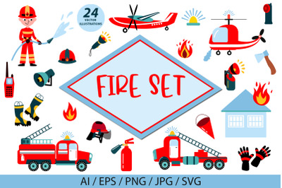 Firefighter set of vector illustrations.