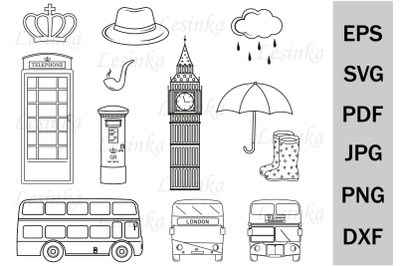 Set London England SVG clipart, file clipping, outline