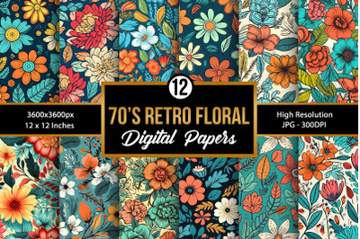 70&#039;s Retro Flowers Seamless Patterns. Boho Floral Digital Papers