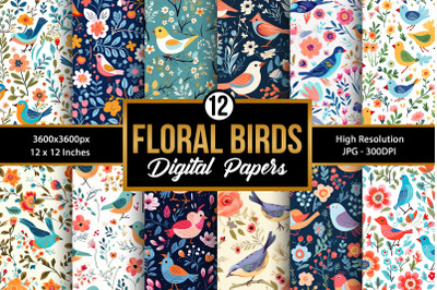 Cute Floral Birds Seamless Patterns, Birds Digital Papers