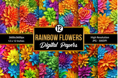 Rainbow 3D Flowers Seamless Patterns, 3D Floral Digital Papers