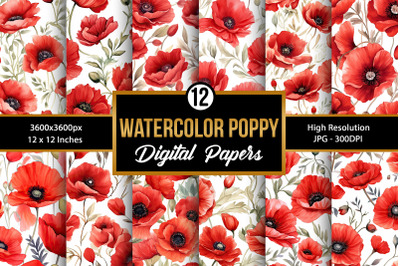 Watercolor Poppies Flowers Seamless Pattern Digital Papers