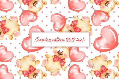 Watercolor seamless pattern with Teddy Bear