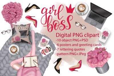 Girl clipart scene creator. posters, cards, pattern, quotes