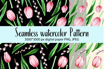 Watercolor tulip pattern. Spring digital paper