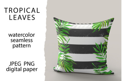 Tropical leaves and stripes seamless pattern, digital paper