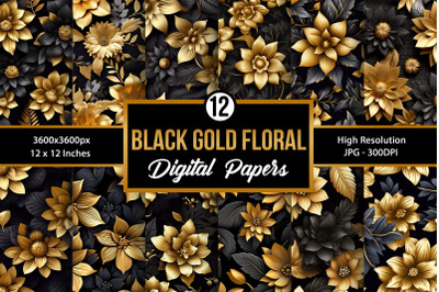 Black &amp; Gold 3D Flowers Seamless Patterns