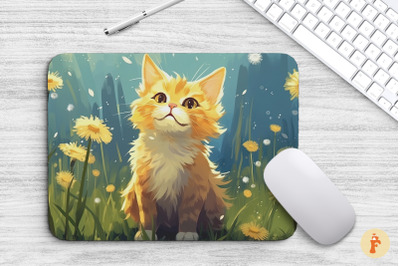 Mouse Pad Cute Cat In Dandelions Field