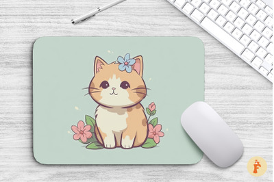 Mouse Pad Cute Cat With Flowers