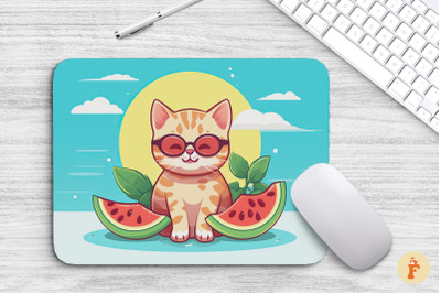 Mouse Pad Summer Cat Eating Watermelon