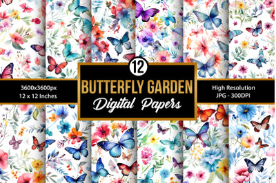 Watercolor Floral Butterfly Garden Digital Papers