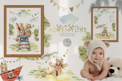 Summer adventure Baby bear trip Watercolor clipart