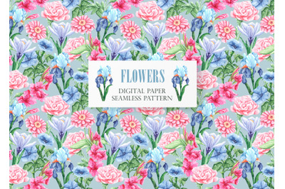 Flowers watercolor digital paper, seamless pattern. Flower print