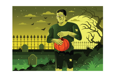 Frankenstein Monster Holding Halloween Pumpkin