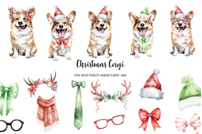 Watercolor Christmas Corgi clipart. Xmas dogs clip art