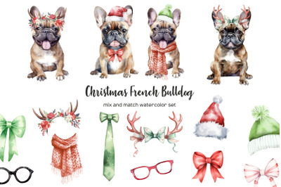 Watercolor Christmas french bulldog clipart. Xmas dogs clip art