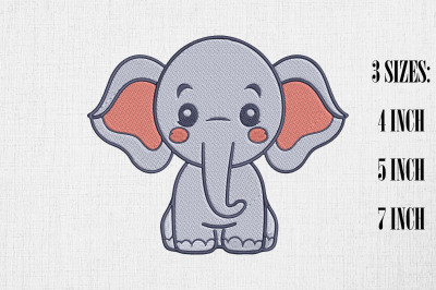 Cute Kawaii Elephant Embroidery Design