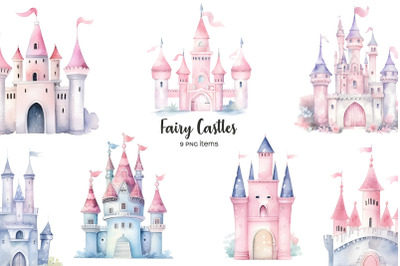 Watercolor fairytale castle clipart. Princess pink and purple castles