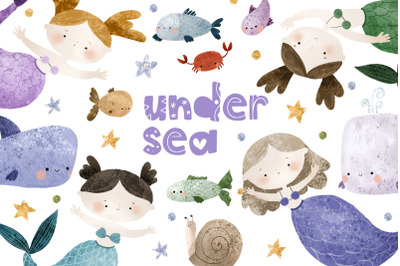 Underwater, mermaid and fish illustrations