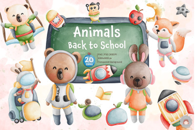 Watercolor Animals in space Back to School clipart