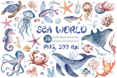SEA WORLD| Watercolor Clipart | 76 PNG elements