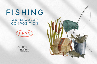 Watercolor Fishing Clipart. Fishing Rod and Catch of Fish PNG