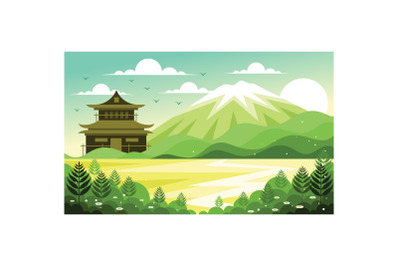 Japanese Nature with Castle Illustration