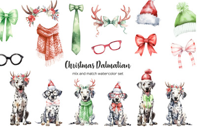 Watercolor Christmas dalmatian clipart. Xmas dogs clip art