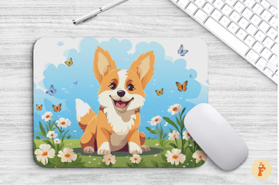 Mouse Pad Cute Corgi On Flowers Field