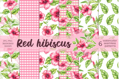 Watercolor red hibiscus patterns PNG, JPG