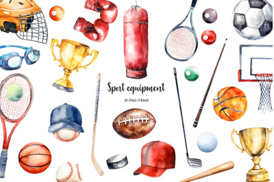 Watercolor sport equipment clipart. Sport items clip art. Football